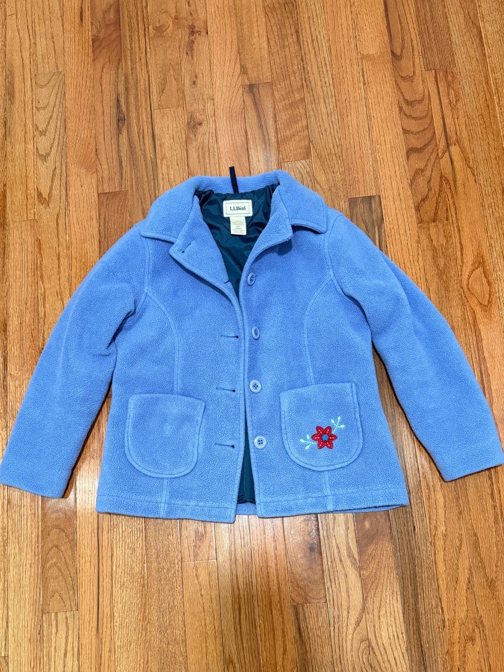 L.L. Bean Girls' Light Blue Fleece Pea Coat with Red Flower Accent